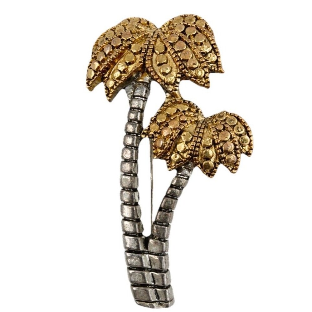 Vintage Palm Tree Brooch Tropical Gold Silver Tone Pin Statement Coastal Resort